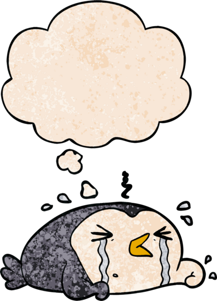 çizgi film ağlayan penguen insan tarafından çizilmiş grunge desenli düşünce baloncuğu ile