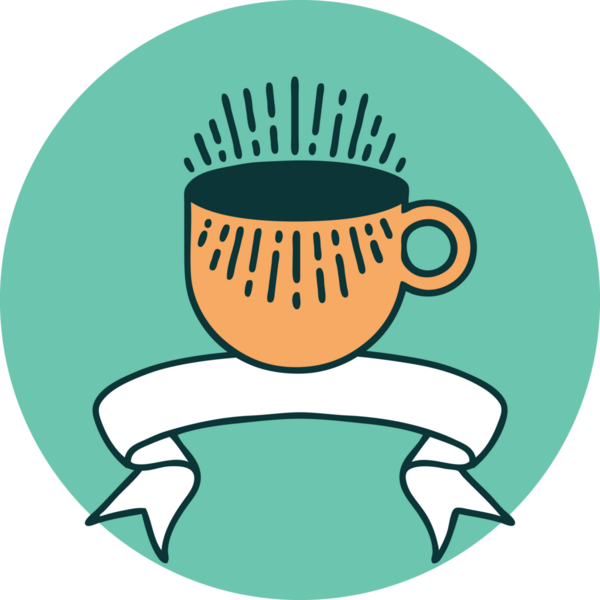 Bir insan tarafından çizilmiş bir fincan kahve sancağıyla dövme stili simgesi