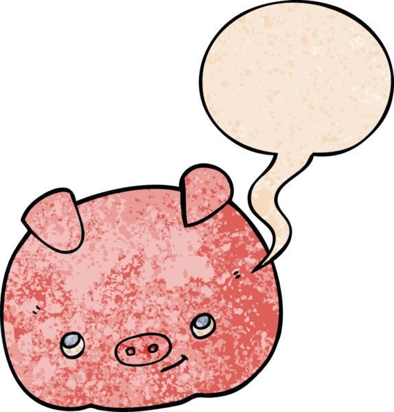 Bir insan tarafından çizilmiş eski moda konuşma baloncuklu mutlu domuz çizgi filmi.