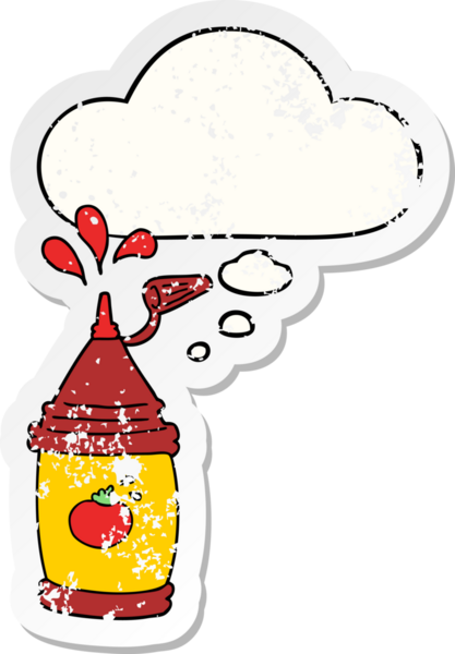 Düşünce baloncuklu ketçap şişesi insan tarafından çizilmiş yıpranmış bir çıkartma.