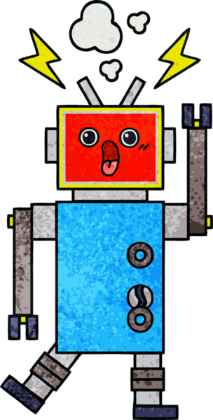 Bir insan tarafından çizilen robot arızasının retro grunge desen karikatürü
