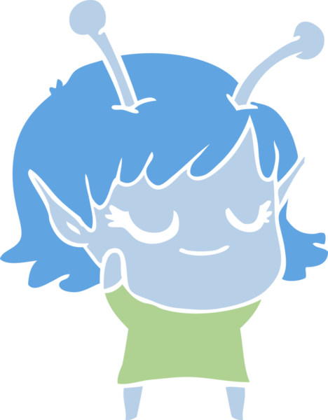 Gülümseyen uzaylı kız düz renkli çizgi film bir insan tarafından çizildi.