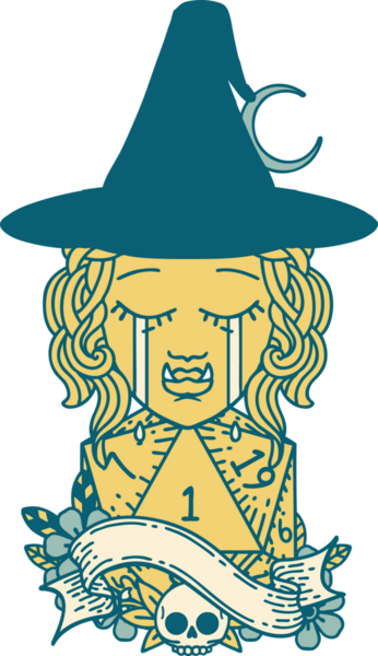 Retro Dövme Tarzı Ağlama Yarı Ork Cadı Karakteri Yüzü Doğal Bir D20 zar bir insan tarafından çizilmiş