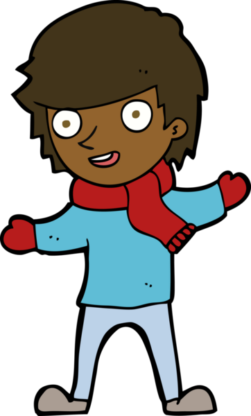 Bir insan tarafından çizilmiş kışlık giysiler içindeki çizgi film çocuğu.