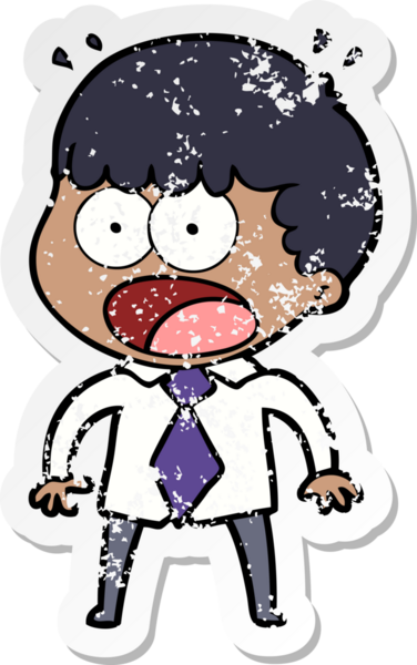 Üzüntülü bir çizgi film çıkartması tişörtlü ve kravatlı bir adamı şok etti.