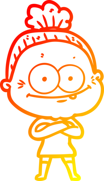 Bir insan tarafından çizilmiş mutlu, yaşlı bir kadının sıcak çizgi çizimi.