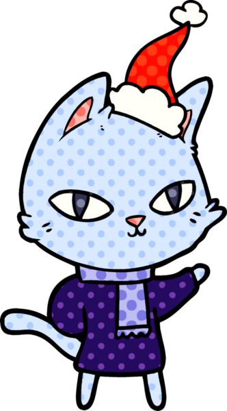 Bir insan tarafından çizilmiş Noel Baba şapkası giymiş bir kedinin el çizimi çizgi roman tasviri.