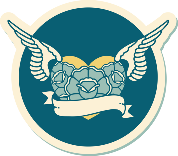 Geleneksel bir dövme stili. Uçan kalp. Çiçekler ve bir insan tarafından çizilmiş bayrak.