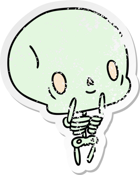 Kederli çıkartma çizimi, kawaii bir insan tarafından çizilmiş sevimli ölü iskelet.