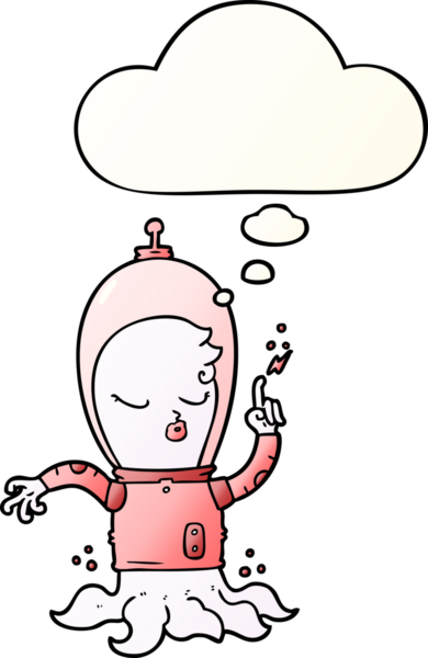 Bir insan tarafından çizilmiş yumuşak eğimli düşünce baloncuğu olan sevimli bir uzaylı çizgi filmi.