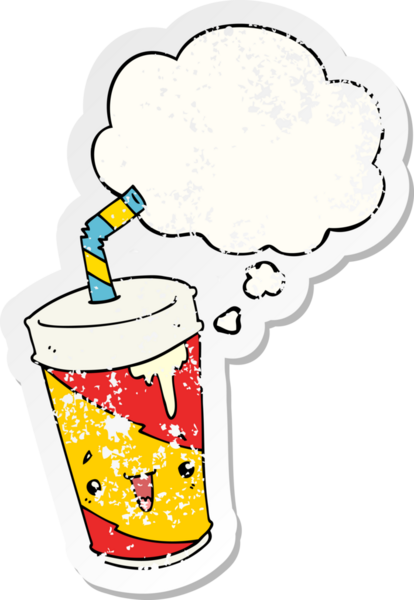 Düşünce baloncuğu olan karikatür soda bardağı insan tarafından çizilmiş yıpranmış bir çıkartma.