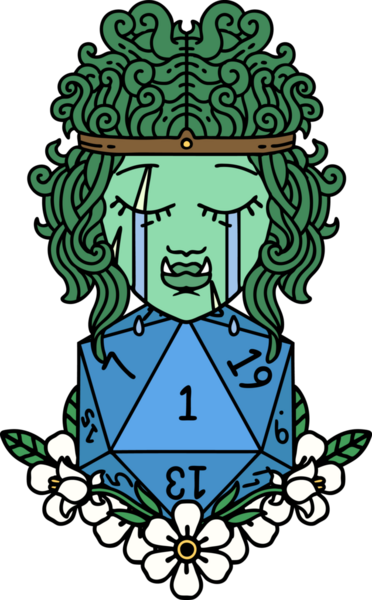 Retro Dövme Tarzı Hüzünlü Ork Barbar Karakter Yüzü Doğal bir D20 ruloyla Bir insan tarafından çizilmiş