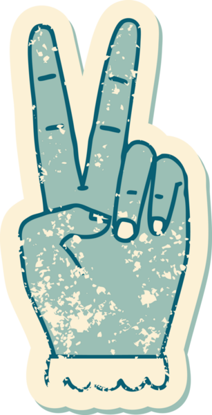 Bir barış sembolünün grunge sticker 'ı Bir insan tarafından çizilmiş iki parmak el hareketi