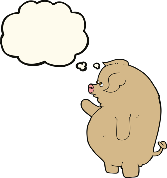 Bir insan tarafından çizilmiş düşünce baloncuklu şişman domuz.