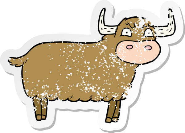 Bir insan tarafından çizilmiş İskoçya ineğinin sıkıntılı çıkartması.