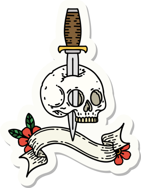 Bir insan tarafından çizilmiş kafatasının pankartıyla dövme stili etiketi