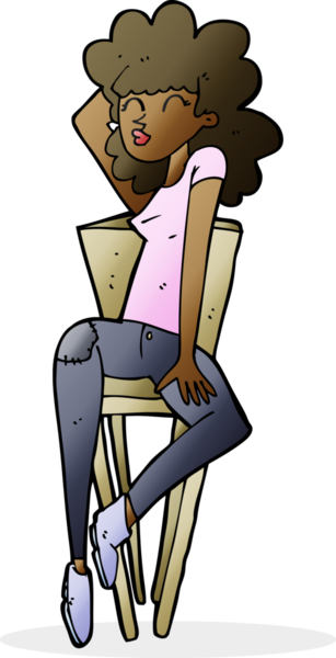 Bir insan tarafından çizilmiş sandalyede poz veren karikatür kadın.