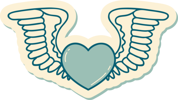 Bir insan tarafından çizilmiş kanatlı bir kalbin geleneksel stiliyle dövme çıkartması.