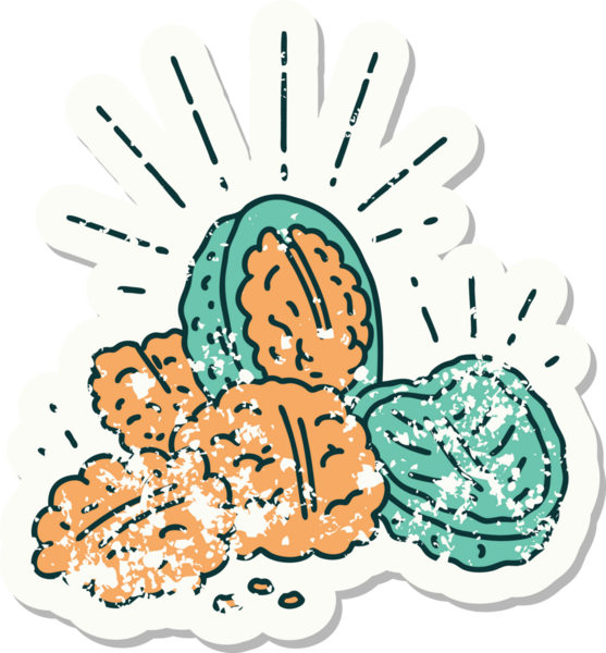 Bir insan tarafından çizilmiş eski dövme stili ceviz etiketi.