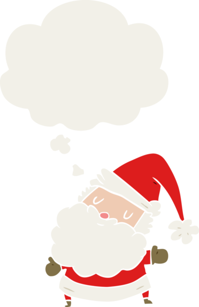 Düşünce baloncuğu olan karikatür noel baba insan tarafından çizilmiş.