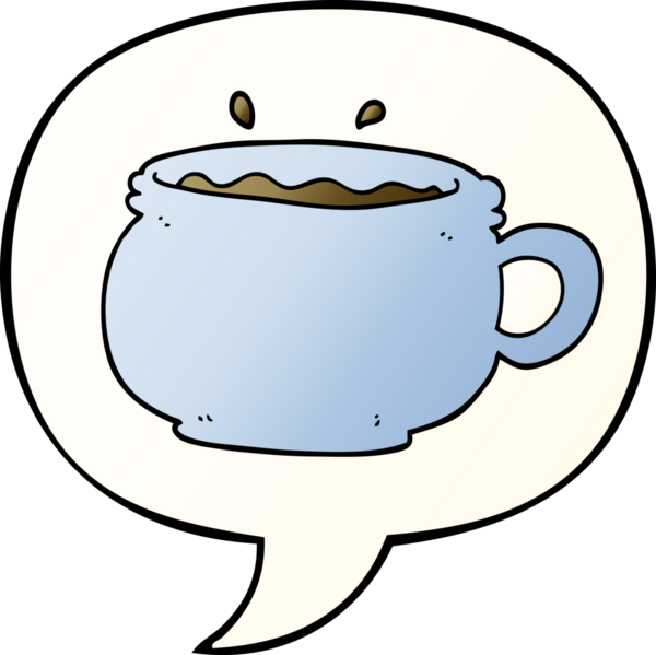 Bir insan tarafından çizilmiş yumuşak eğimli konuşma balonlu sıcak kahve fincanı.
