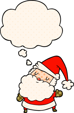 Çizgi roman tarzında bir insan tarafından çizilmiş düşünce balonlu Noel Baba çizgi filmi.