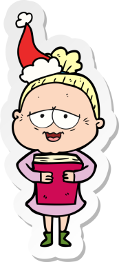 Bir insan tarafından çizilmiş Noel Baba şapkası giyen mutlu yaşlı bir kadının el yazısı.