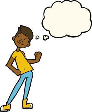 Bir insan tarafından çizilmiş düşünce baloncuğu olan bir adamı kutlayan çizgi film.