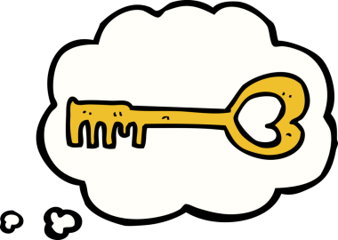 Bir insan tarafından çizilmiş düşünce baloncuğuyla kalp şeklinde bir anahtar.