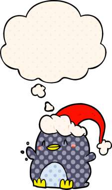 Çizgi roman tarzında bir insan tarafından çizilmiş düşünce baloncuklu Noel şapkası takan penguen çizgi filmi.