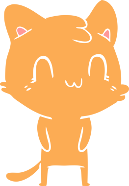 Bir insan tarafından çizilmiş düz renkli çizgi film mutlu kedi.