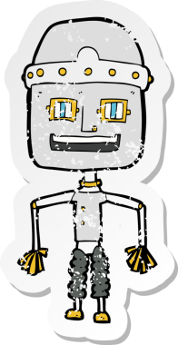 Bir insan tarafından çizilmiş komik bir robot çizgi film çıkartması.