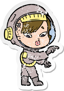 Bir insan tarafından çizilmiş karikatür astronot kadının sıkıntılı çıkartması.