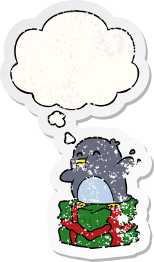 Düşünce baloncuğu olan karikatür pengueni insan tarafından çizilmiş yıpranmış bir çıkartma.