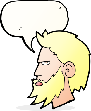 Bir insan tarafından çizilmiş konuşma balonlu sakallı bir karikatür adam.