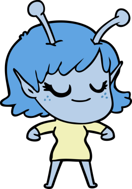 Bir insan tarafından çizilmiş gülümseyen uzaylı kız çizgi filmi.