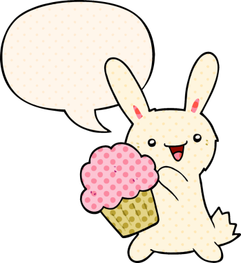 Bir insan tarafından çizilmiş çizgi roman tarzında konuşma balonlu tatlı çizgi film tavşanı.