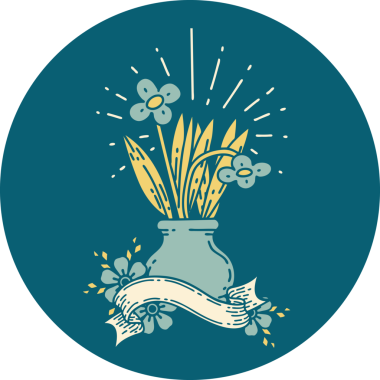 Bir insan tarafından çizilmiş vazodaki dövme stili çiçeklerin simgesi