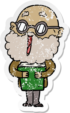 Bir insan tarafından çizilmiş sakallı ve kitaplı neşeli bir karikatür çıkartması.