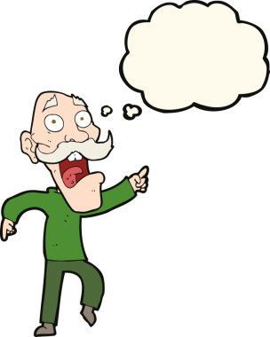 Çizgi film, bir insan tarafından çizilmiş düşünce balonuyla korkmuş yaşlı bir adam.