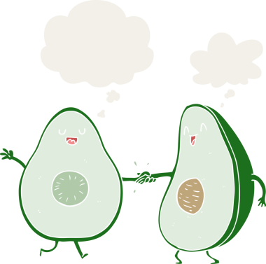 Düşünce baloncuğuyla dans eden çizgi film avokadolarını bir insan çizmiş.