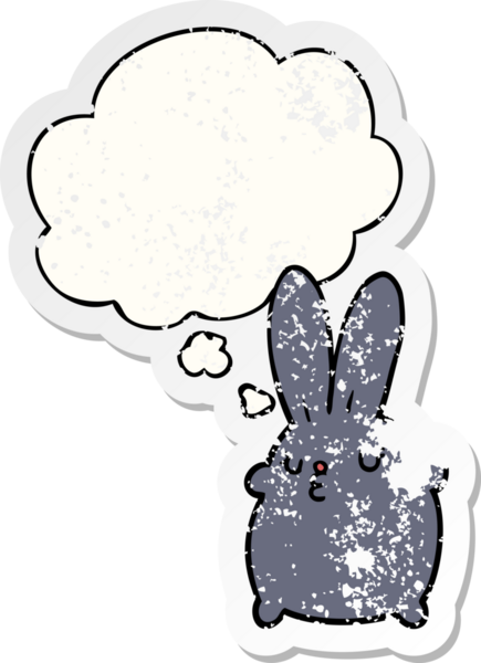 Düşünce baloncuğu olan sevimli çizgi film tavşanı bir insan tarafından çizilmiş yıpranmış bir çıkartma.
