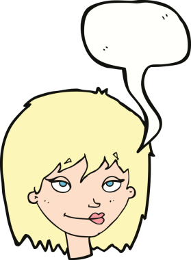 Bir insan tarafından çizilmiş konuşma balonu olan gülümseyen bir kadın.