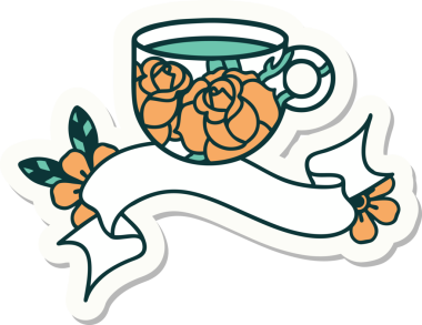 Bir fincanın pankartıyla dövme stili çıkartması ve bir insanın çizdiği çiçekler