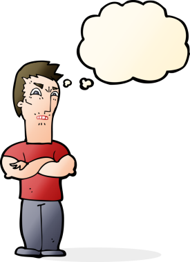 Bir insan tarafından çizilmiş düşünce baloncuğuyla kollarını kavuşturmuş, rahatsız bir adam.