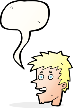 Bir insan tarafından çizilmiş konuşma balonlu mutlu çocuk yüzü.