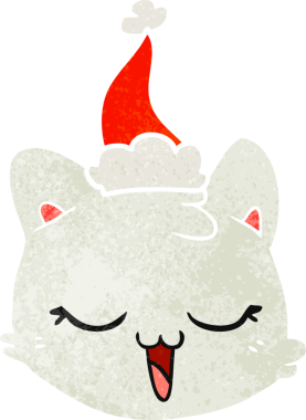 Bir insan tarafından çizilmiş Noel Baba şapkası takan kedi suratlı eski bir çizgi film.