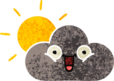 Bir insan tarafından çizilmiş fırtına bulutu ve güneşin retro çizim tarzı karikatürü.