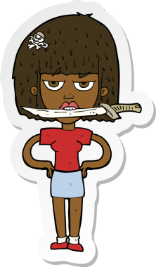 Bir insan tarafından çizilmiş dişleri arasında bıçak olan bir karikatür kadının çıkartması.