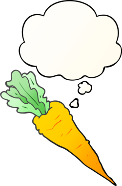 Düşünce baloncuğu olan çizgi film havucu bir insan tarafından çizilmiş.